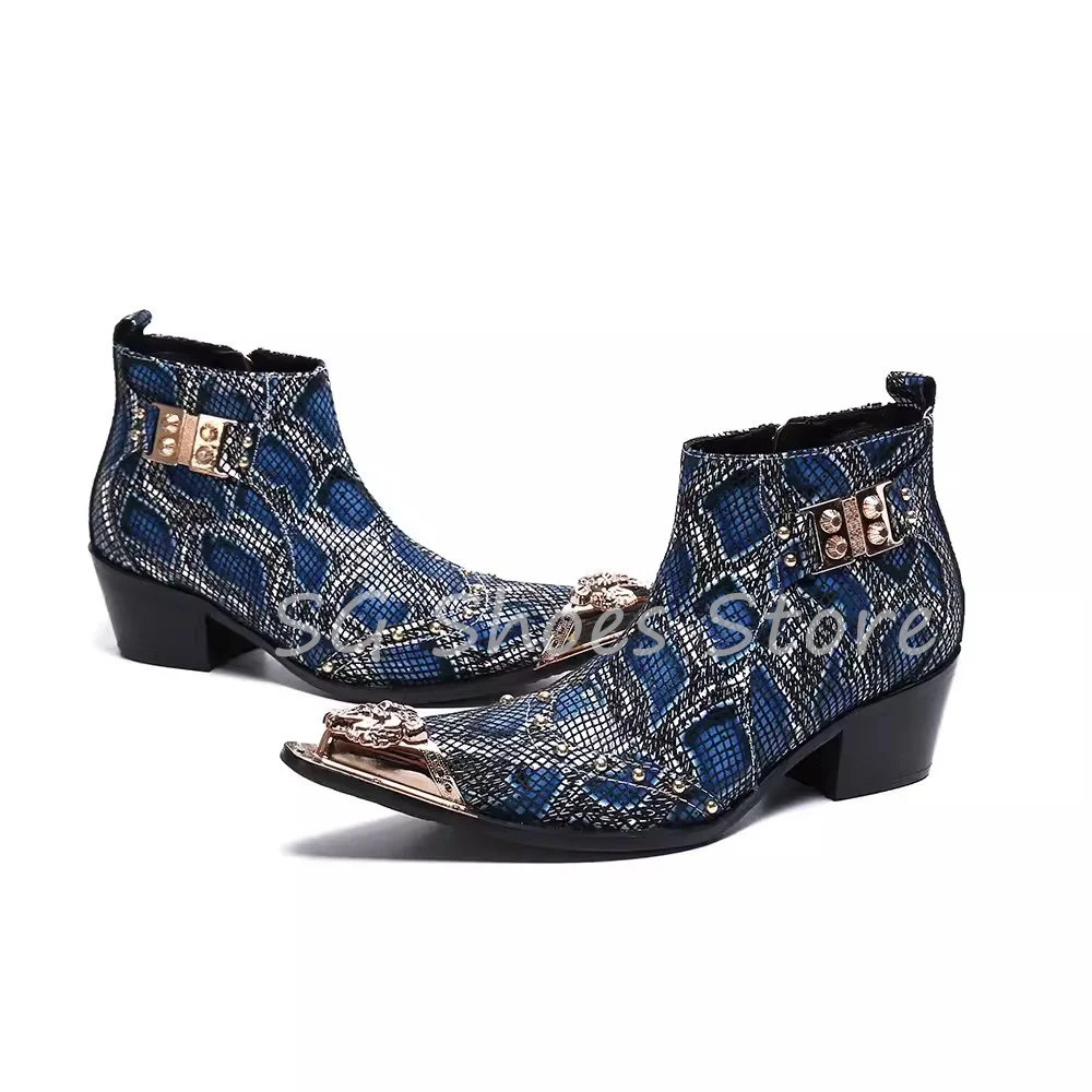 British Style Metal Pointed Toe Splicing Leather Boots for Men Handamde Mixed Color Chelsea Boots Male Party Dress Shoes