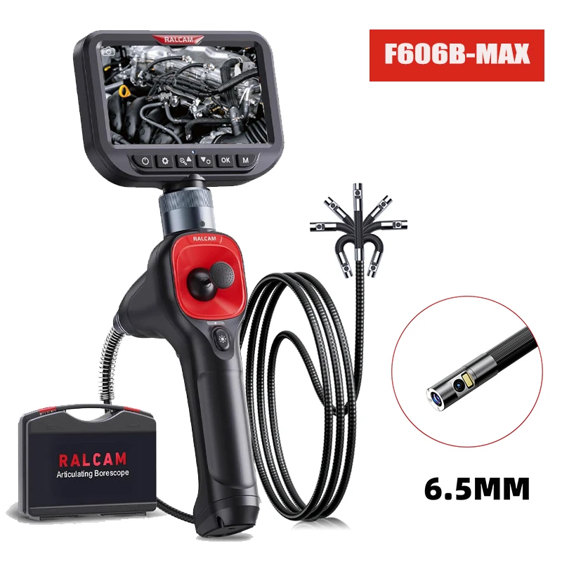 

RALCAM Articulating 720° Endoscope 6.5mm Inspection Camera Cameras with 6 LED, IP67 Waterproof 1M Dual Lens for Car Inspections