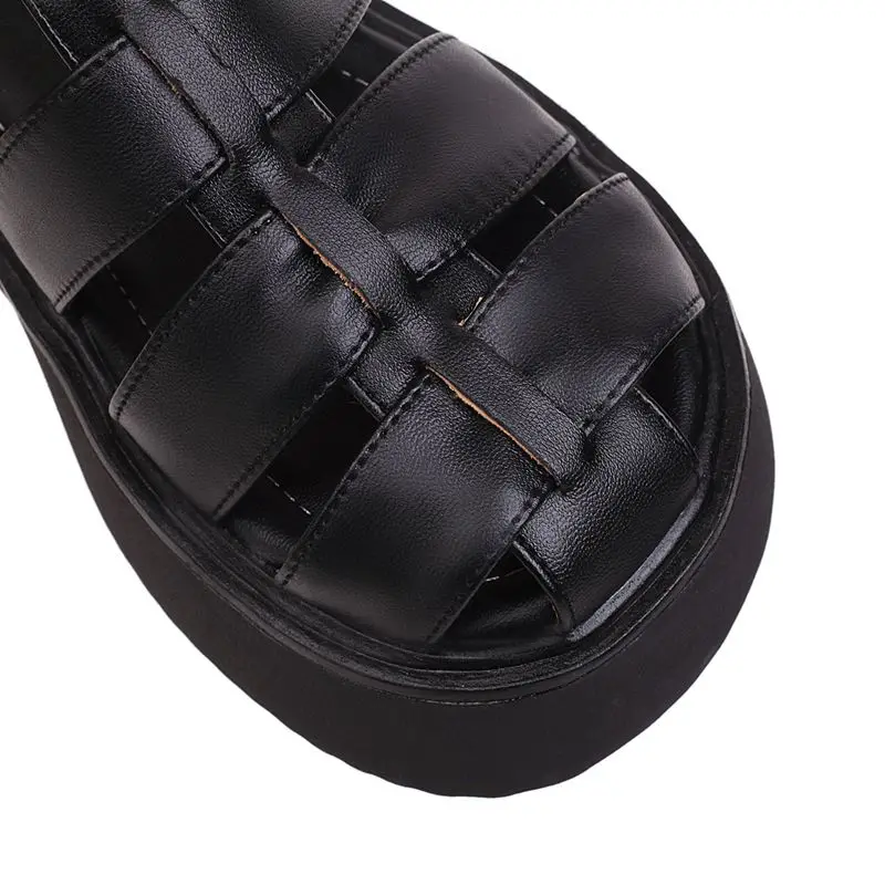 REAVE CAT Women Shoes Sandals Round Toe Platform Flats Thick Heel Buckle Strap Rome Black White Leisure S3926