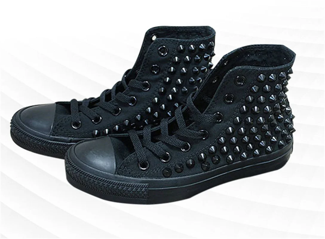 All black high top rivets accessories custom comfortable sports casual walking canvas shoes large size 35-46