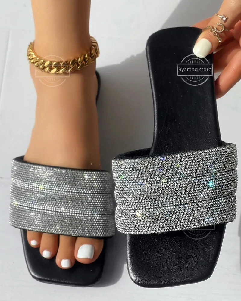 Slippers Women's Rhinestone Wide Strap Square Toe Slippers Flip Flops Flat Sandals Ladies Slippers Shoes Female Bling Luxury