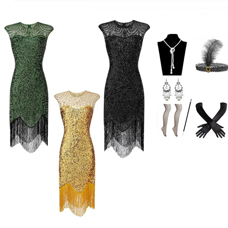 

1920 Vintage Sequin Fringed Dress Costume Crew Neck Gatsby Set Women's Cutout Ribbon Party Evening Dress