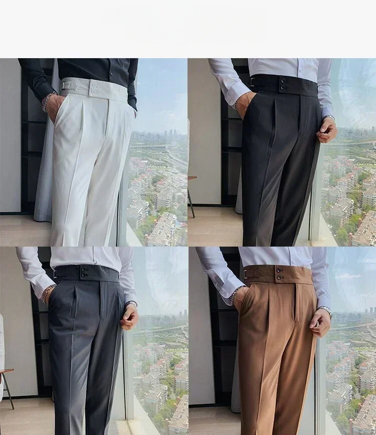 Men High Quality Elegant Slim Dress Pants Naples Suit Pants High Waisted Italian Business Formal Social Trousers Banquet Wedding