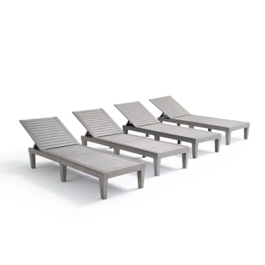 Outdoor lounge chair for poolside, beach, and lawn use; weatherproof resin material; grey color; 5-position adjustable reclinin