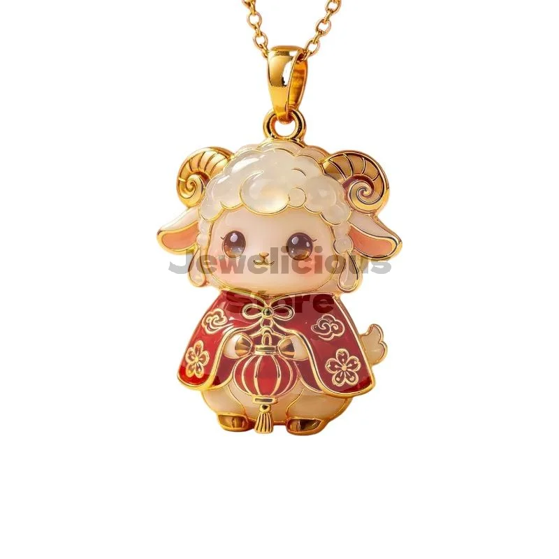 Cute Cartoon Sheep Pendant Necklace Gold Plated Enamel Chinese Design For Spring Festival Gifts Daily Wear Women Girls