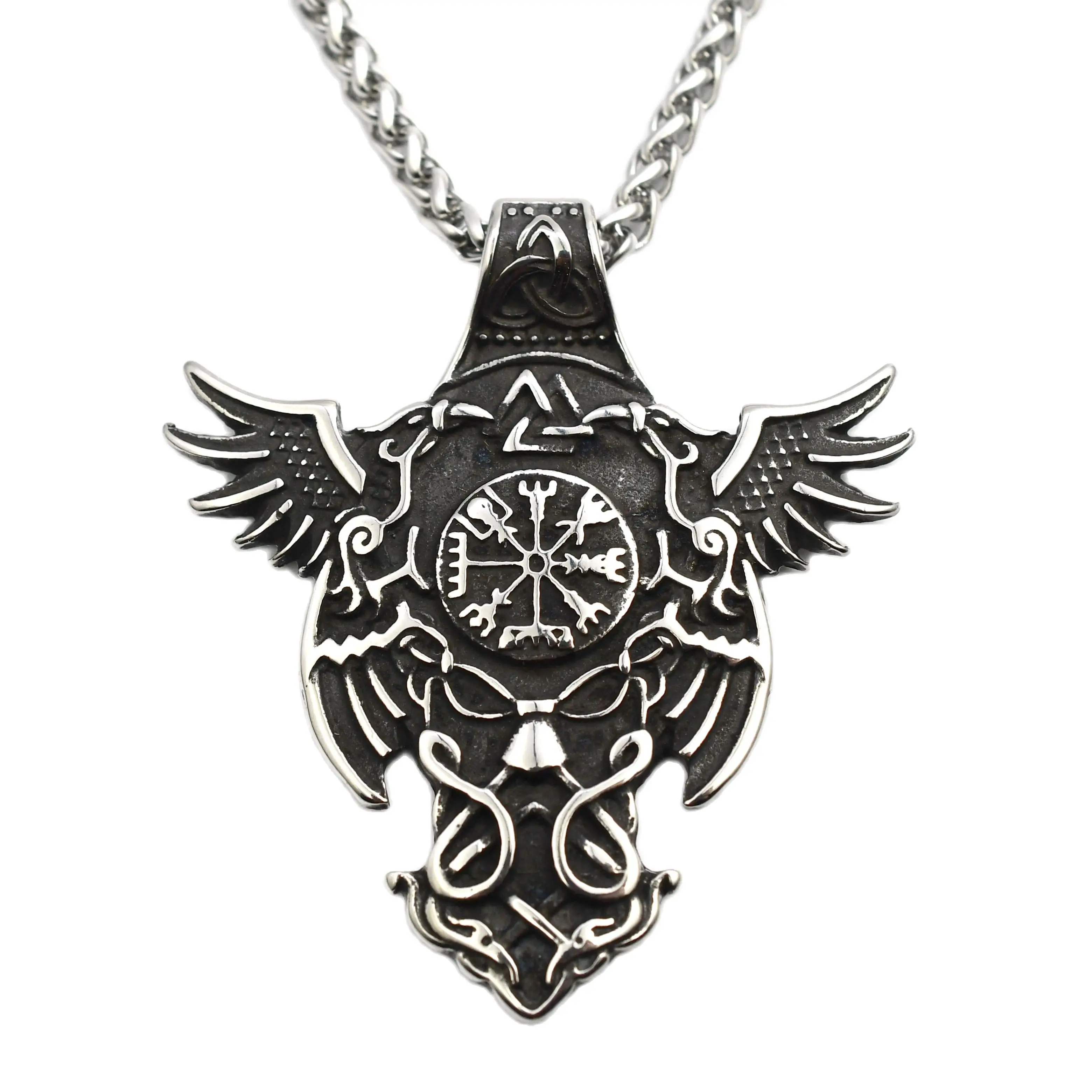 Viking Crow Stainless Steel Pendant Nordic Compass Amulet Necklace Viking Men's and Women's Jewelry