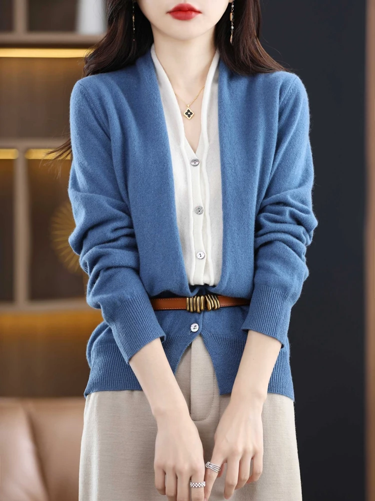 Autumn Winter New Chic V-neck Cardigan Sweater For Women 100% Merino Wool Grace Office Lady Basic Cashmere Knitwear Topss