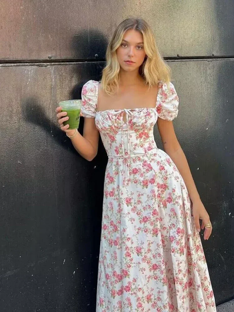 Dames nieuwe retro sprookjesstijl casual bubble mouw korte mouwen slim fit vierkante hals bloemenprint laag uitgesneden jurk