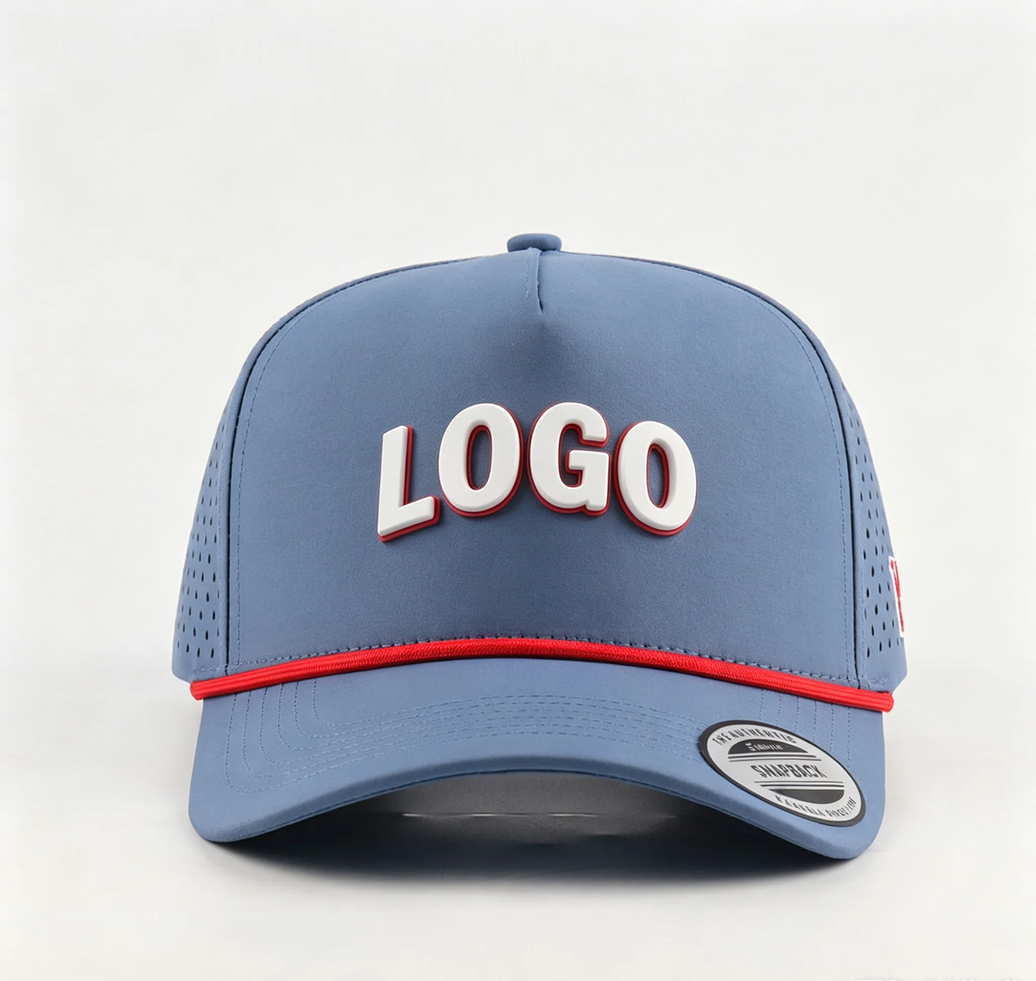 Custom 5 Panel Black Baseball Hat Waterproof Polyester Laser Cut Hole Perforated Sports Cap with Rubber Patch Logo for Golf