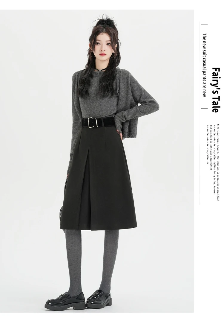 Hochgeschnittener Rock für Damen, Herbst/Winter 2026, Neuheit, Wollrock für Damen, Grau oder Schwarz, A-Linien-Rock für Damen mit Gürtel, Bestseller – Detail 8