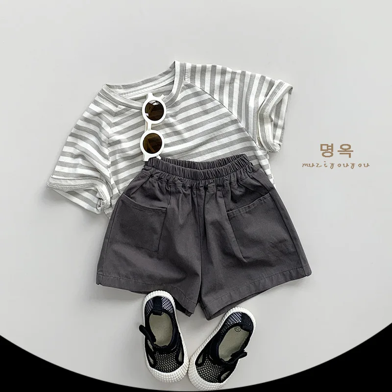 T-Shirts Children Short Sleeve Stripe Summer New Boys Girls Cotton Hemp Korean Versatile Causal Tops 2024 Fashion