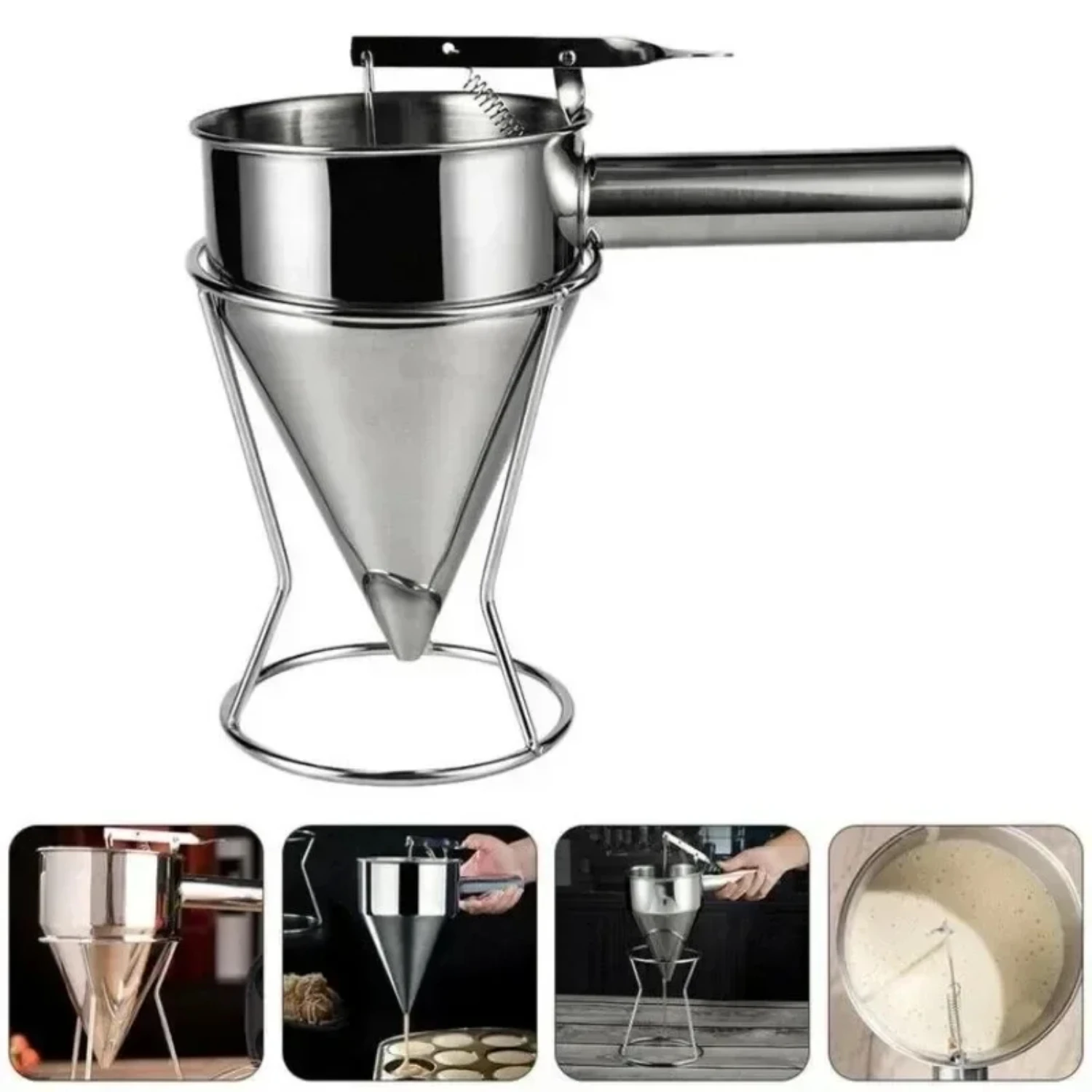 Stainless Steel Cone-shaped Funnel Dispenser with 600/1200ML Capacity for Dough Pancake Batter - Perfect for Octopus Balls and F