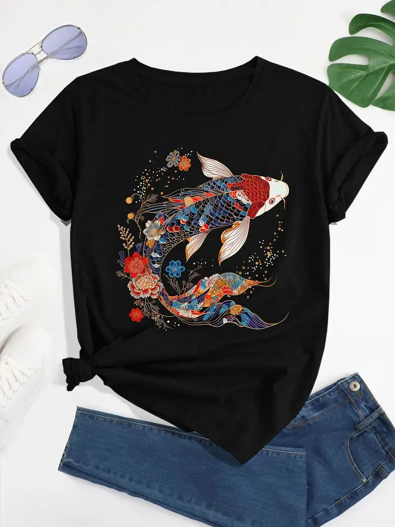 Koi Fish Vintage Flower Pattern Japanese Art Floral Koi Carp Print T-Shirt Short Sleeve Crew Neck Casual Top For Summer Spring