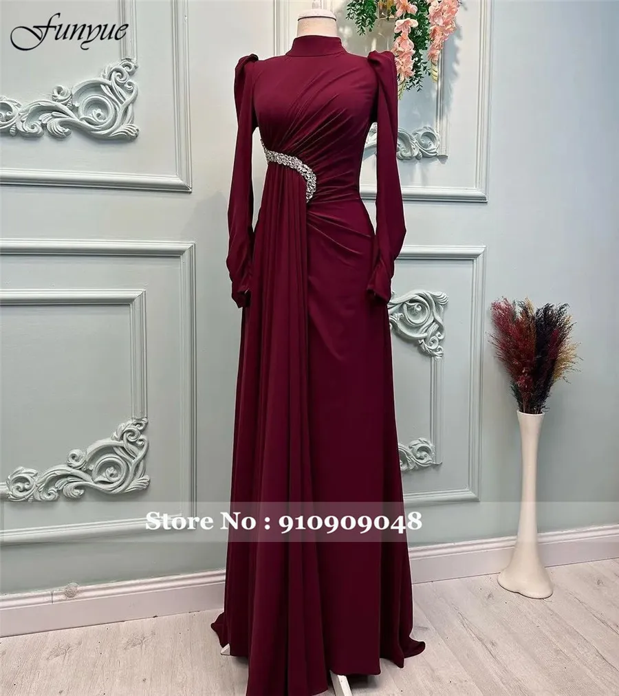 Funyue Long Sleeve Muslim Formal Occasion Dresses Crystal Hijab High Neck Chiffon Evening Gown Saudi Arabic Vestidos De Noche