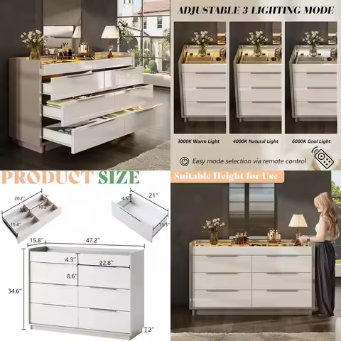 Modern High Gloss 8-Drawer Dresser with LED Lighting, Glass Top and 2 Six-Grid Jewelry Drawers