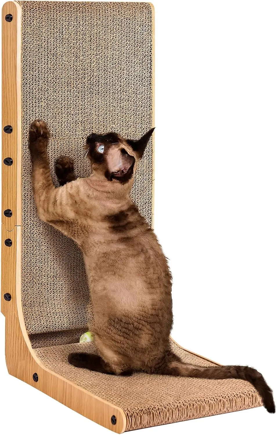 

26.8 Inch L Shaped Cardboard Cat Scratcher Vertical Scratching Board with Ball Toy Indoor Cat Scratch Pad Brown