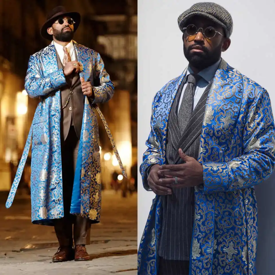 

Floral Jacquad Men's Long Blazer Shawl Lapel Jacket Single Breasted Tuxedos Business Party Slim Fit Groom Wear Only Coat