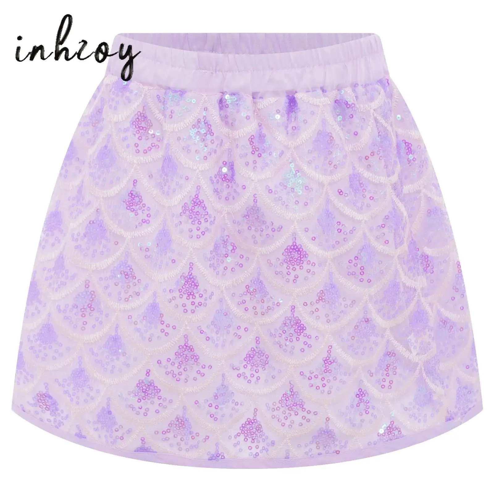 

Girls Mermaid Skirts Halloween Cosplay Costume Shiny Sequins Fish Scale Skirt Elastic Waist A-line Skirts with Built-in Shorts