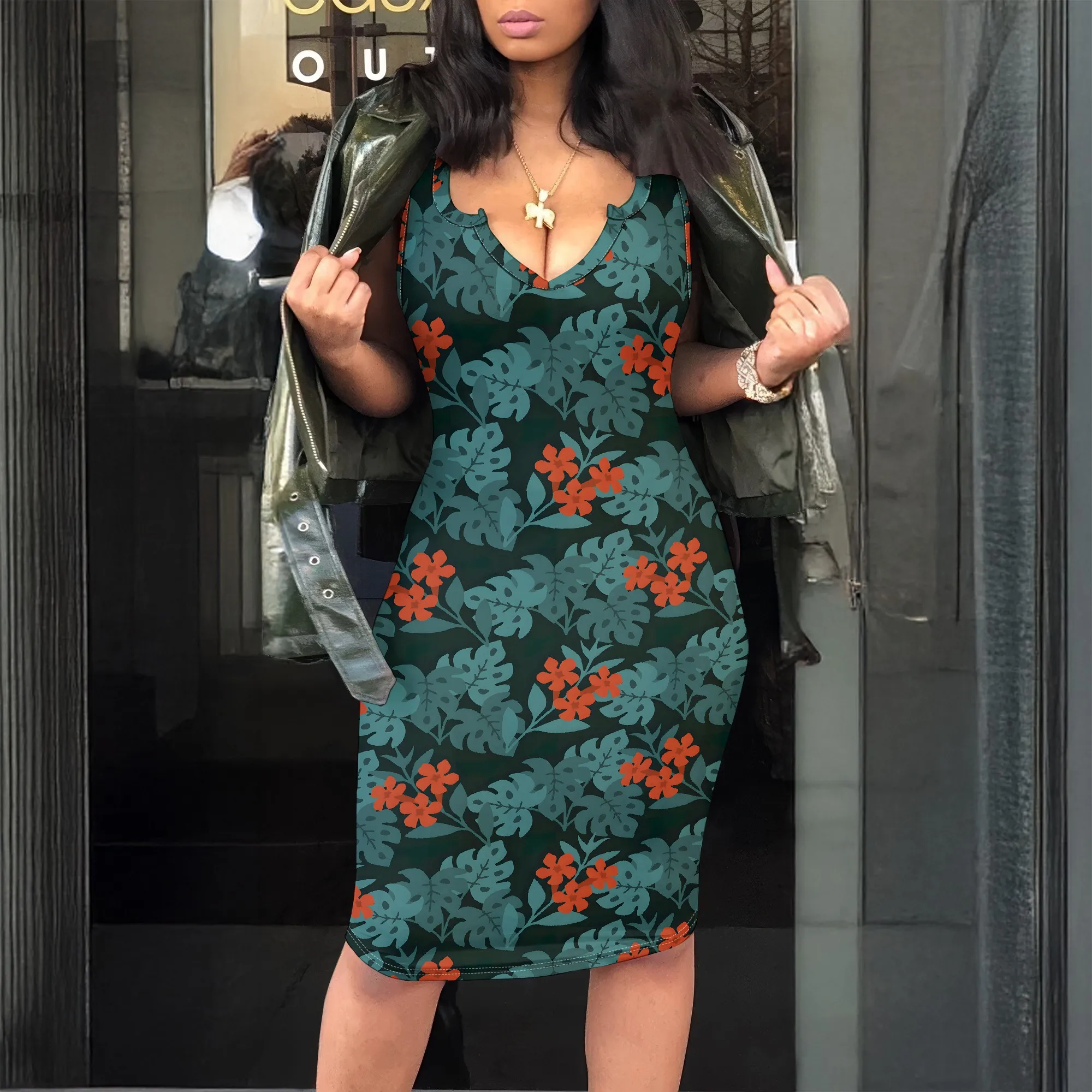 

V Neck Floral Print Dress, Green Leaf Pattern Bodycon Mini Dress, Summer Casual Beach Wear for Women, S-2XL
