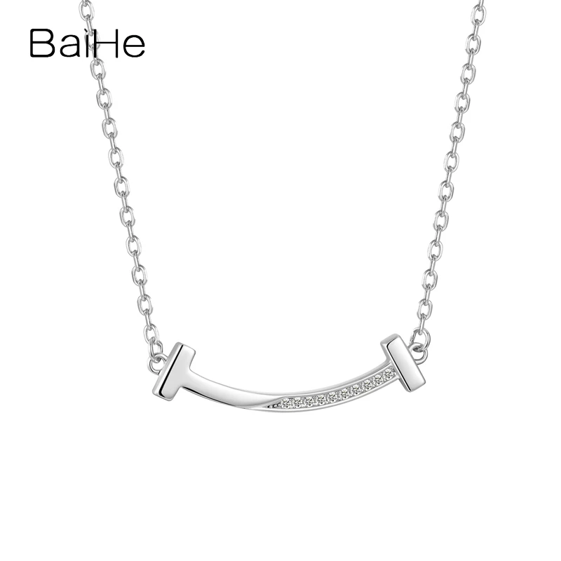 Baihe Solid 14K White/Yellow/Rose Gold moissanite Smile Pendant Temperament Collar Chain Necklace Women Men Fine Jewelry Making