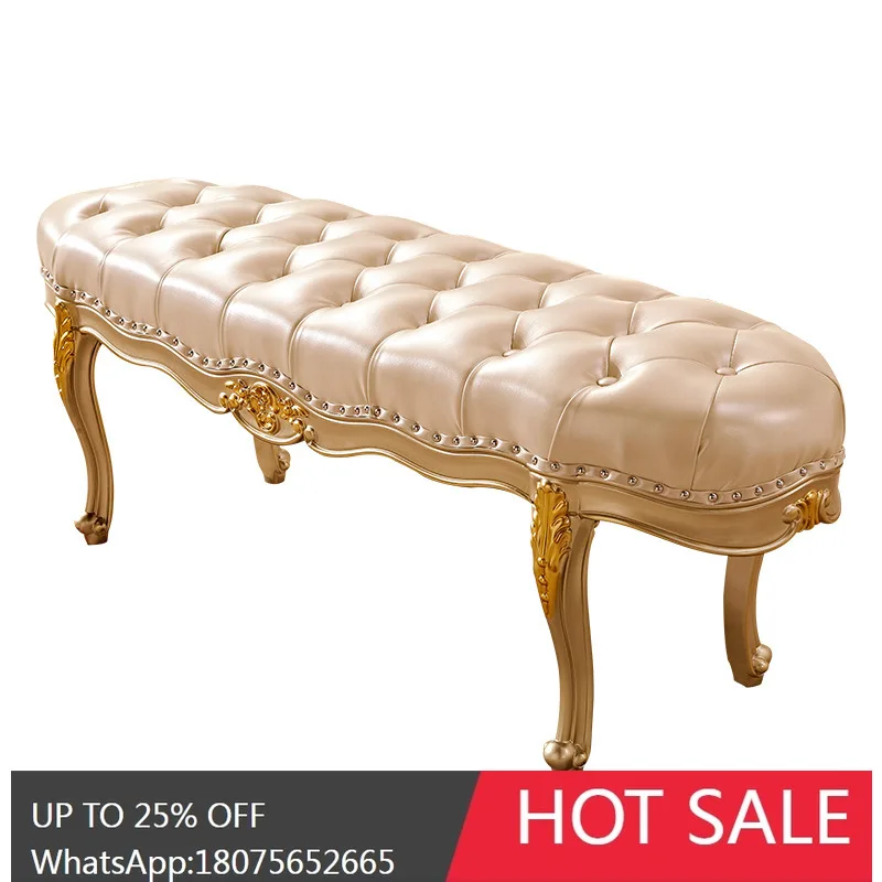 MJY European Style Bedroom Luxury Genuine Leather Bed End Ottoman Bedside Shoe Changing Stool Chair Solid Wood Footrest