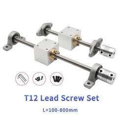 3D Printer Accessories T12 Lead Screw + Nut Holder Set, Lead 8/10/12mm,L100-800mm， Stepper Motor Linear Slide Table Kit.