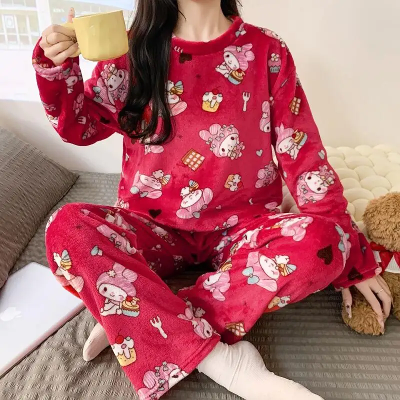 2 Stuks Hello Kittys Pyjama Set Anime Sanrios Leuke Meisje Pluche Nachtkleding Dikker Warme Vrouwen Casual Thuis Kleding Student nachtkleding