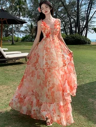 Women Mesh Floral Casual Ruffled Sling Long Dress 2026 Korean Fashion Beach Style Dress Summer Elegant Bodycon Luxury Prom Dress