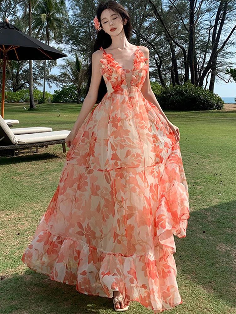 Women Mesh Floral Casual Ruffled Sling Long Dress 2024 Korean Fashion Beach Style Dress Summer Elegant Bodycon Luxury Prom Dress