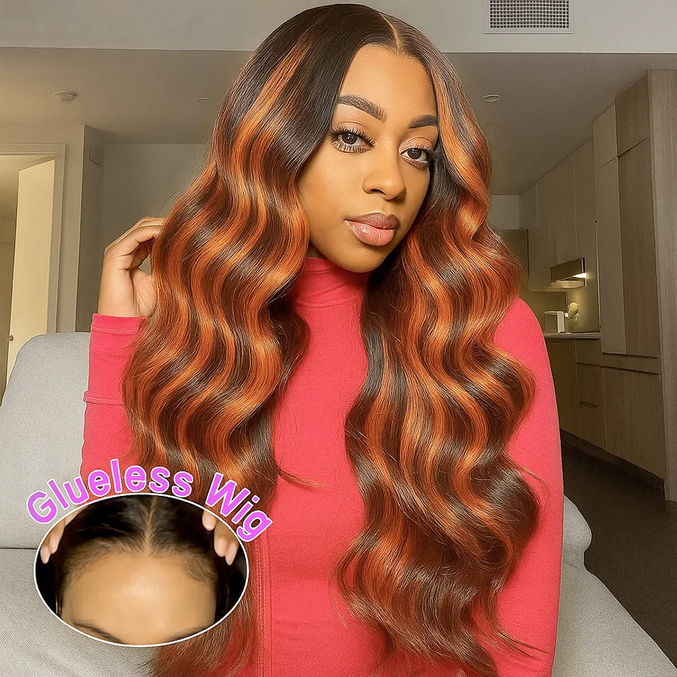 

Upgrade 4/350 Ginger Brown Highlight Wig Human Hair Body Wave 5x5 Pre Cut Glueless Colored Human Hair Wig Brazilian Pre Plucked