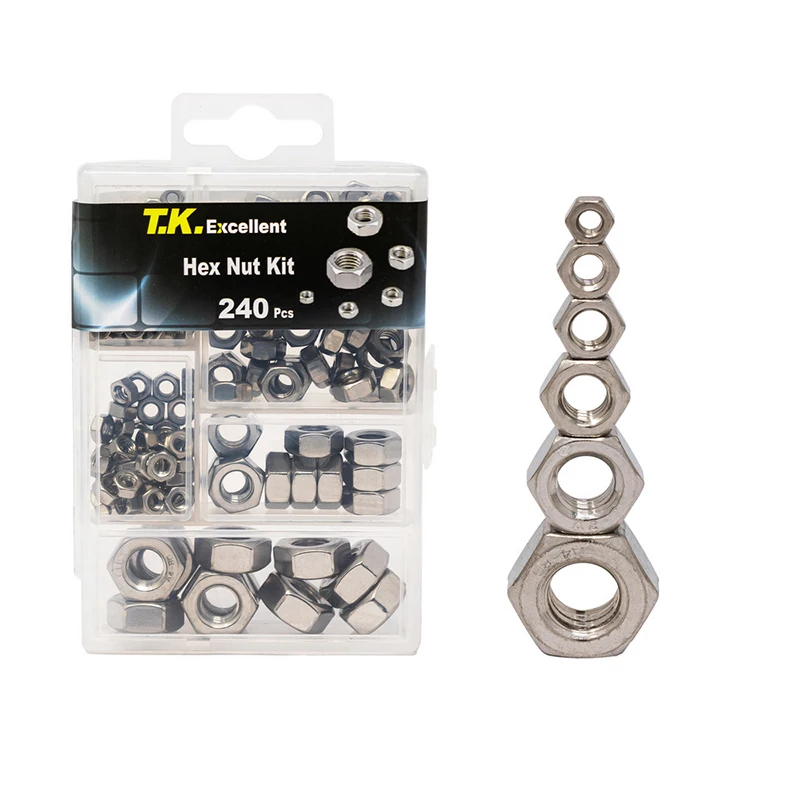 T.K. Excellent 304 Stainless Steel Hex Hexagon Nuts M3 M4 M5 M6 M8 M10 Kits ,240 Pcs Hex Hexagon Self locking Nut Kit