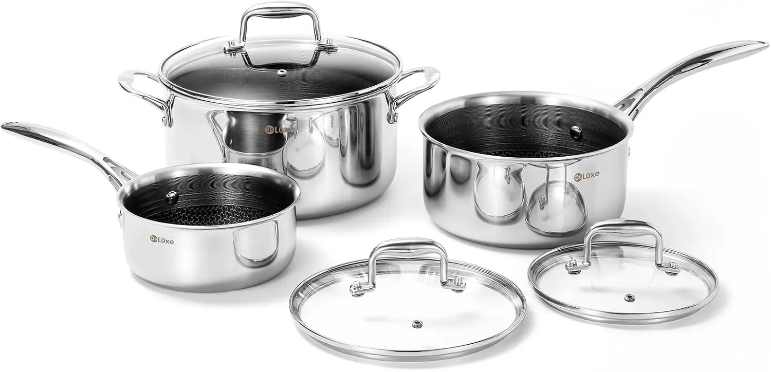 

Hybrid Ceramic Nonstick 6 PCS Pot Set, 1.3, 3&5.4-Quart Pot with Tempered Glass Lid, Stainless Steel Cookware Pots with Stay-Coo