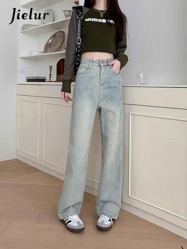 Jielur Vintage High Waist Autumn American Women Jeans Casual Slim Fashion Woman Jeans Simple Basic Straight Leg Pants Female