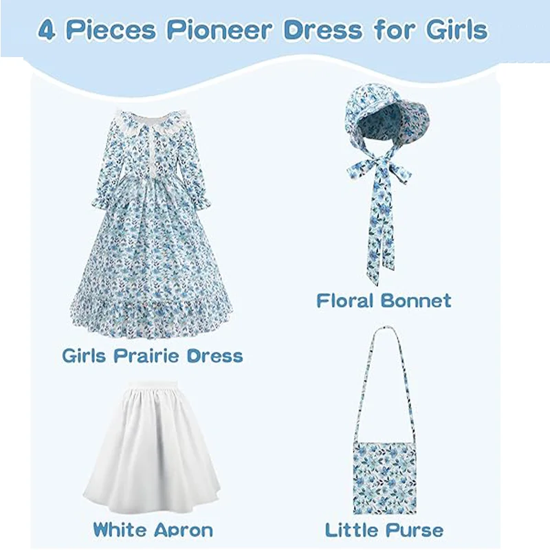 ชุดเด็กผู้หญิง Pioneer ชุดดอกไม้ Colonial Prairie สําหรับเด็กเล็กพร้อมผ้ากันเปื้อนและ Bonnet