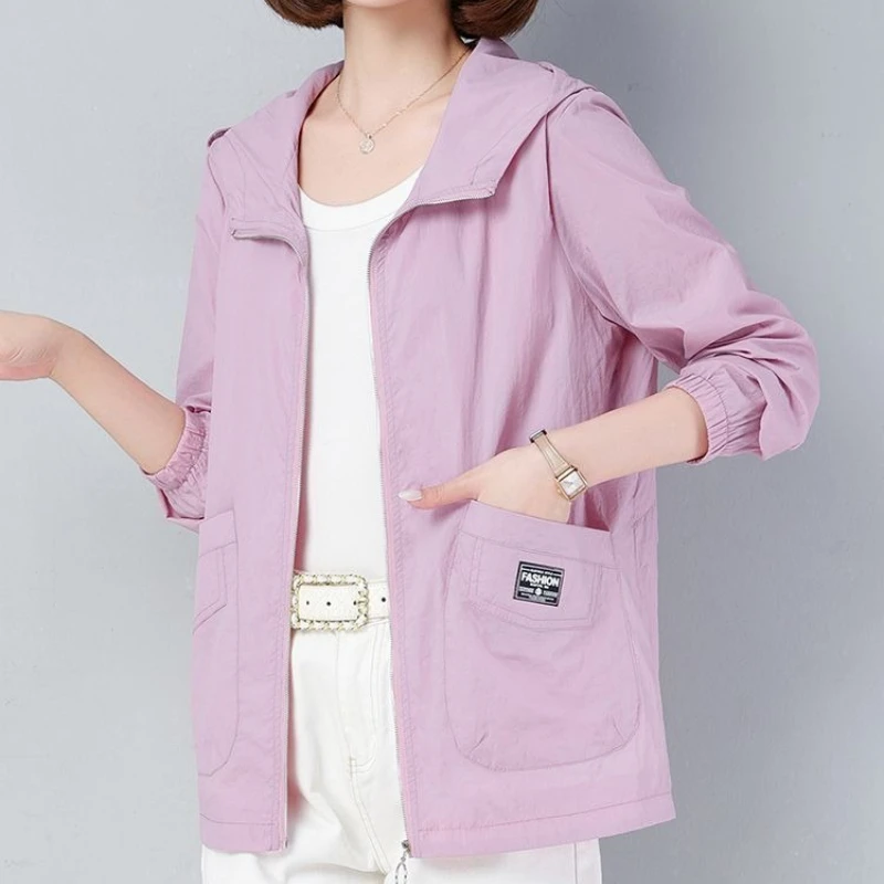 

Hooded Sunscreen Clothes Women's Summer Thin Jacket 2026 New Pocket Zipper Loose Breathable Sunscreen Clothing Mother Clothes