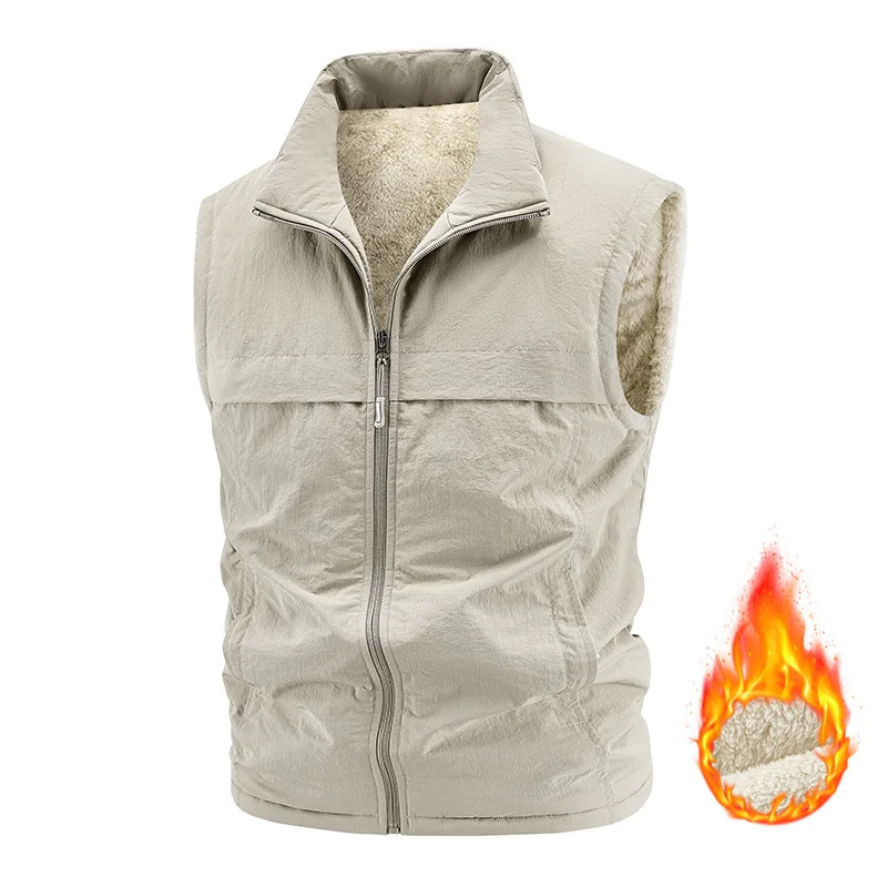 

Autumn Winter Men Plush Vest Thicken Cold-proof Stand Collar Male Cargo Waistcoat Solid Color Sleeveless Versatile Man Coat