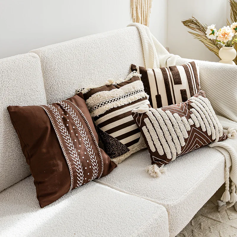 Bohemian Tufted Embroidery Cushion Cover Cotton Canvas Pillowcase Moroccan National Embroidery Home  Decorative Cushion for Sofa