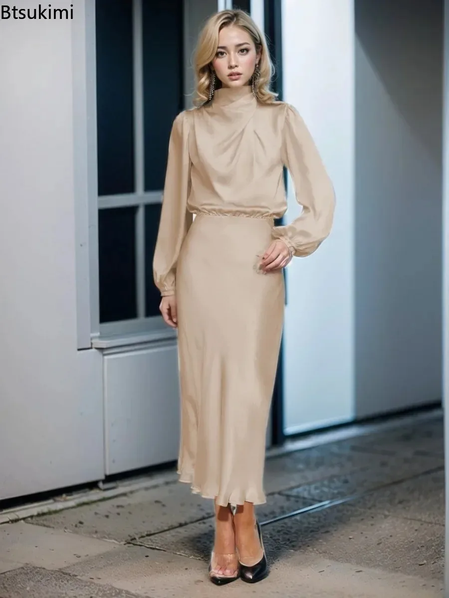 Eleganckie damskie ubrania 2025, wysokiej jakości satynowe sukienki maxi z długim rękawem i golfem, sukienki koktajlowe na przyjęcia i wieczorne wyjścia.