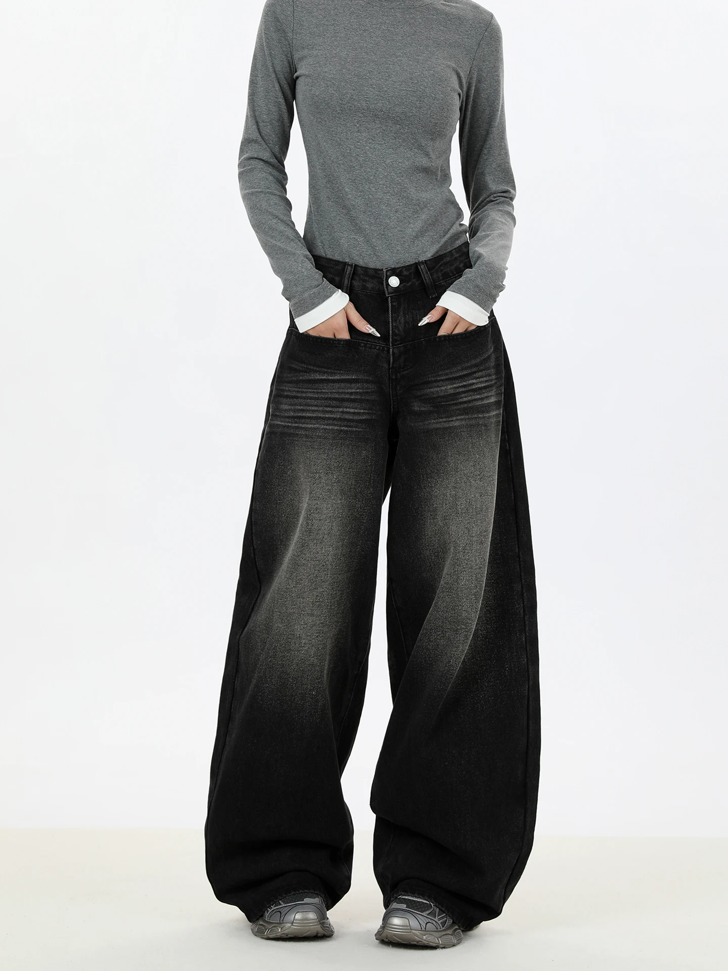 

FKUG American Retro Loose Wide Leg Jeans Women Slim Straight Drapey Washed Casual Floor-Length Pants Casual Spring Ladies