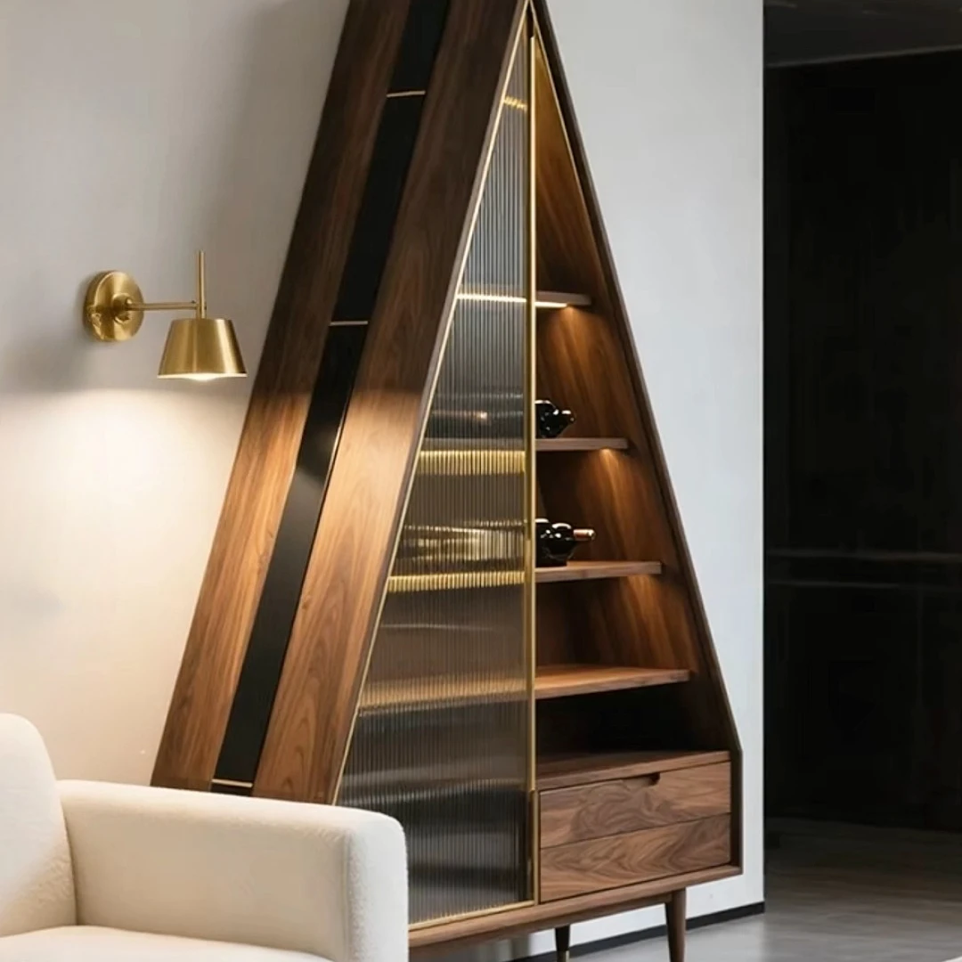 Special-shaped triangular black walnut wine cabinet, high-end minimalist light luxury Italian furniture display cabinet