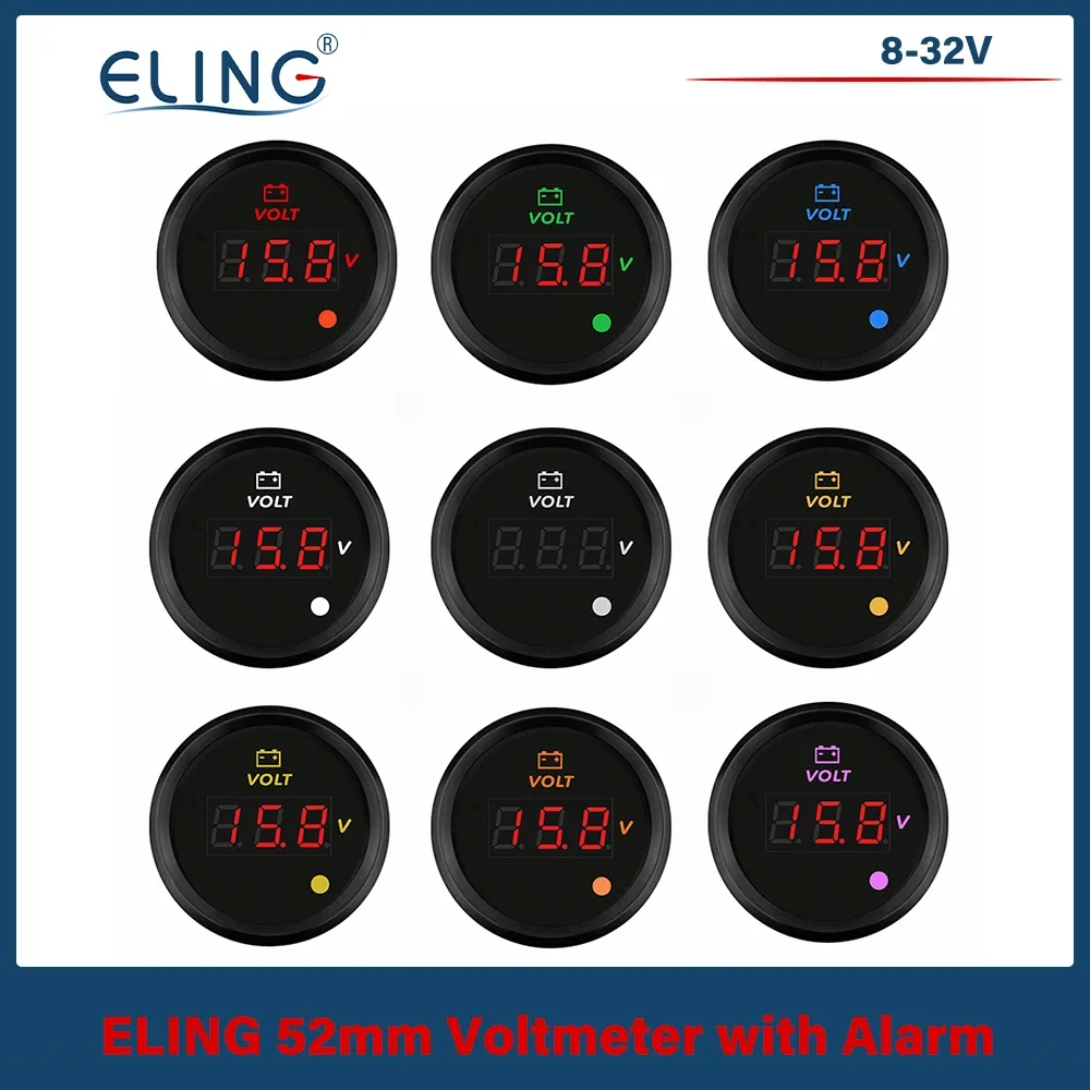 

ELING Newest 52mm 8-16V 16-32V 8-32V Voltmeter Volt Gauge with 8 Colors Backlight and Alarm for Car Boat Yacht Truck