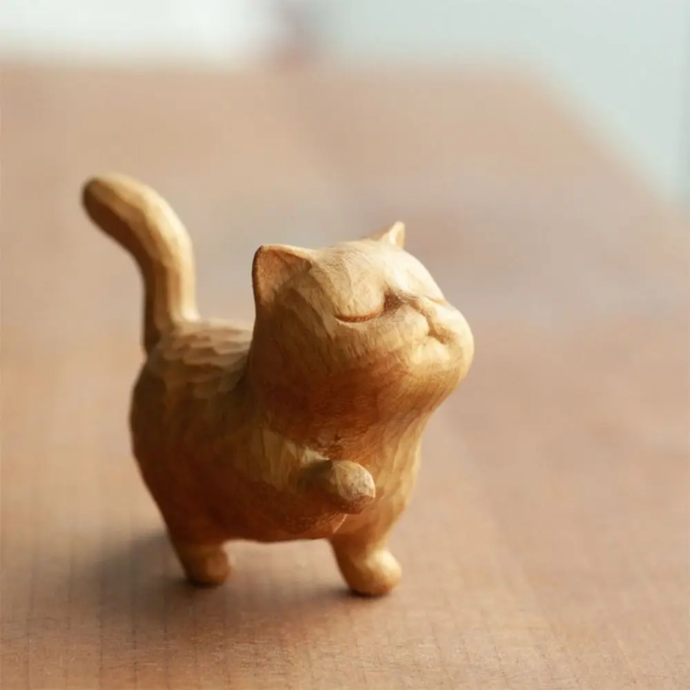 1PC Wooden Cat Ornament Mini Statues Desk Miniatures Micro-landscape Decorations Cute Cats Craft Gift