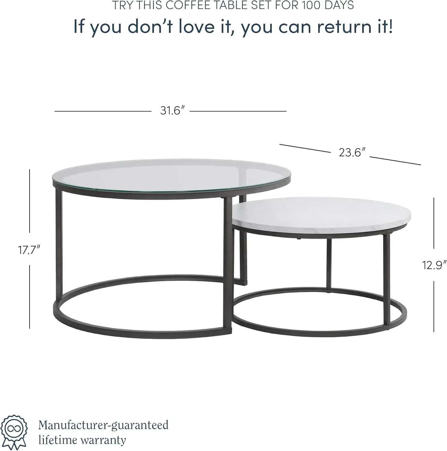 Round Modern Nesting Set of 2,Stacking Living Room Accent Tables with Wood,Glass or Faux Marble and Powder Coated Metal Frame