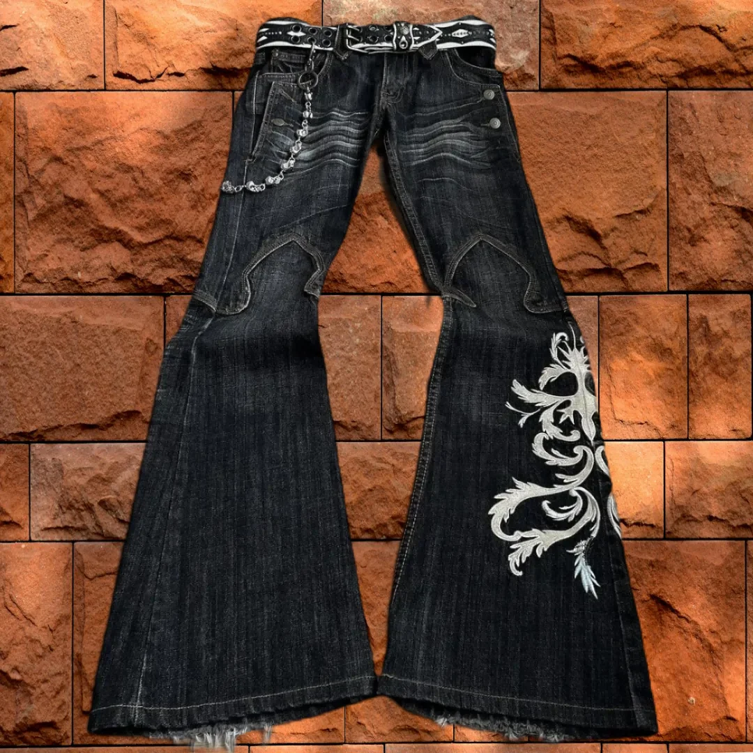 Pantalones vaqueros Retro desgastados para hombres y mujeres, Jeans bordados Micro acampanados, Jeans de cintura alta, ajuste Industrial Harajuku Y2K, nuevo, 2024