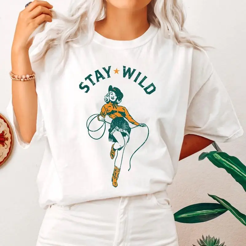 

Stay Wild Cowgirl T-shirt, Women's Vintage Western Graphic Tee, Country Music Concert Aesthetic Top, Loose Summer Streetwear