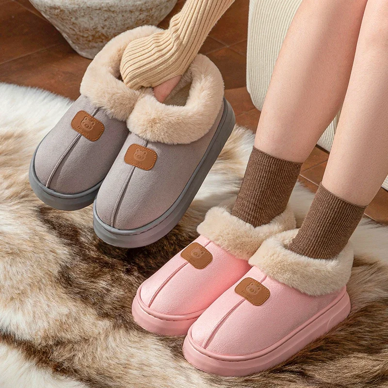 

Women's Plush Warm Winter Snow Boots Cute Cartoon Bear Head Design Cotton Shoes Woman Thick Sole Non Slip Fluffy Fur Ankle Boots