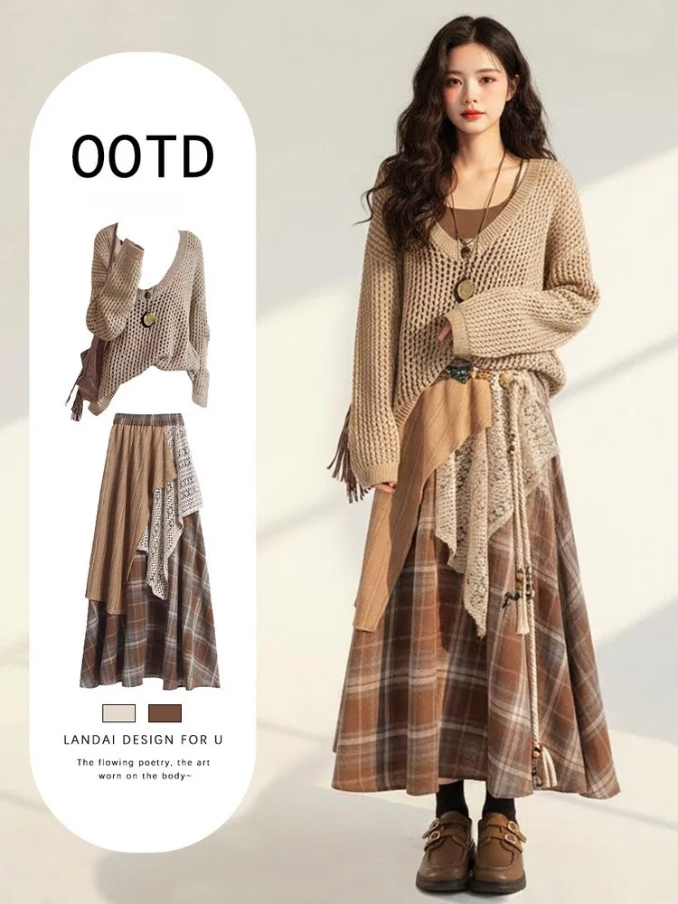 

Women's Vintage Lazy Sle Two-Piece Set with Hollow out Knitted Top And Plaid Skirt High Waist Long Sve V-Ne Winte...