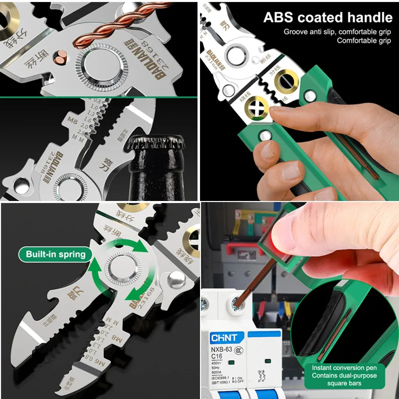 

21-in-1 Multi-Functional Electrician Wire Stripping Pliers with Belt Sizing Measuring round Mouth And Wire Cutting Features