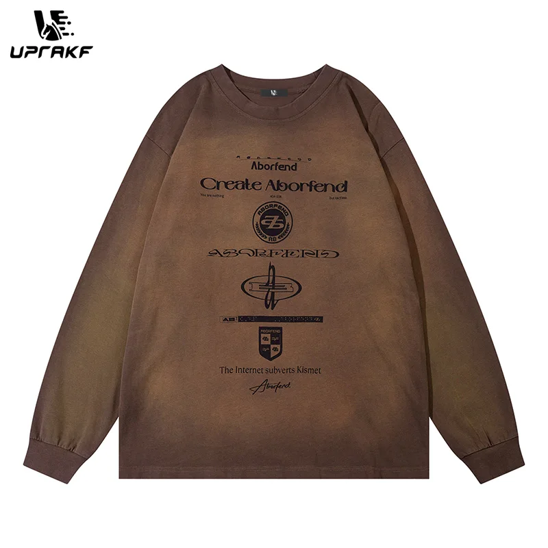 

UPRAKF Vintage Washed Hoodie Long Sleeve Graphic Fashion Pullover Autumn Oversize Clothing Round Neck Casual Tops