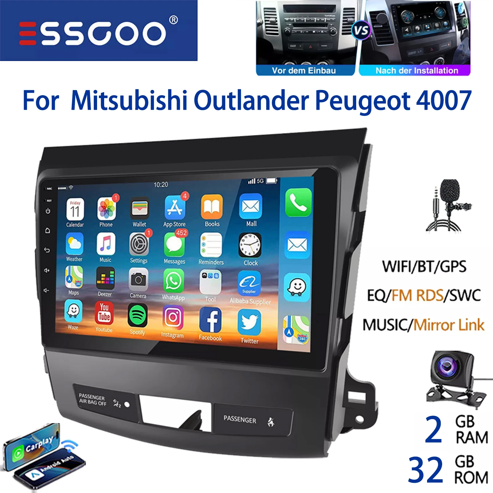 Autoradio ESSGOO Android 15 9 Inch 32G/64G voor Mitsubishi Outlander II 2006-2012 Peugeot Draadloze CarPlay Android Auto GPS Navigatie WiFi FM RDS Bluetooth Stuurwielbediening Mirror Link IPS - afbeelding 1